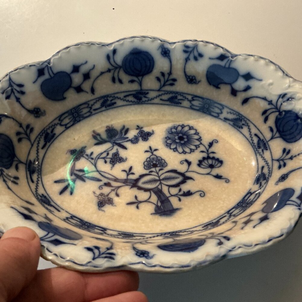 Blue Onion 10" Serving Bowl stamped Holland Johnson Bros England few edge chips